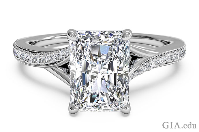 Platinum radiant cut diamond engagement ring in a bypass setting.