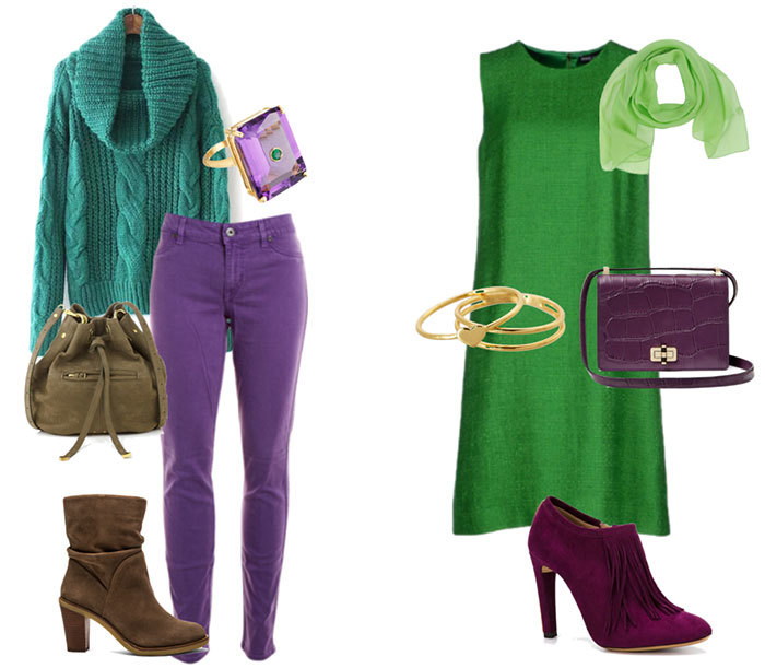 Стильное комбинирование фиолетового и зеленого в гардеробе