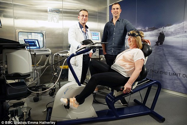 Dr Damian Bailey, left, with Chris van Tulleken and volunteer Alison. Without putting in too much effort during the experiment, Alison¿s activity levels jumped from 28 minutes to 343 minutes a week