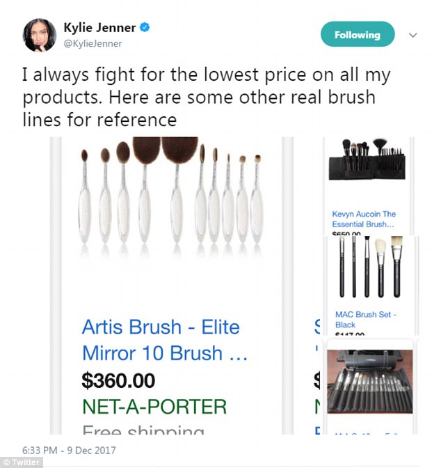 Her proof: As the youngest Kardashian-Jenner received major backlash, she then screenshot different make-up brush sets online that were around the same asking price for hers