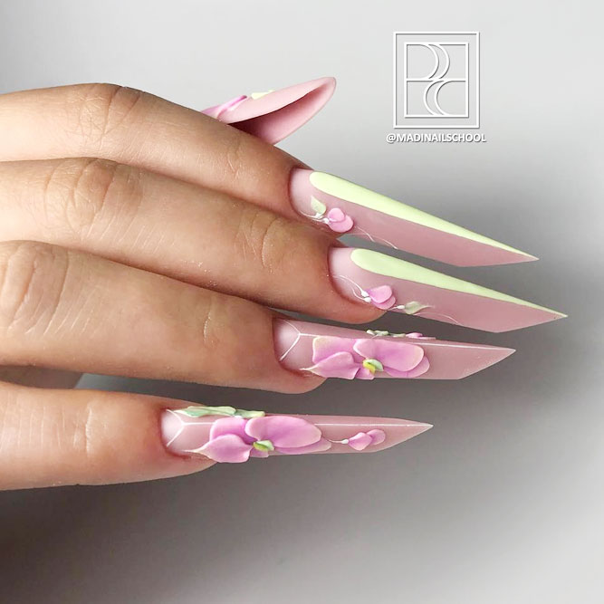Fantastic Edge Shaped Nails With 3D Flowers Design #edgenails #longnails #flowernails #mattenails #acrylicnails #artificialnails