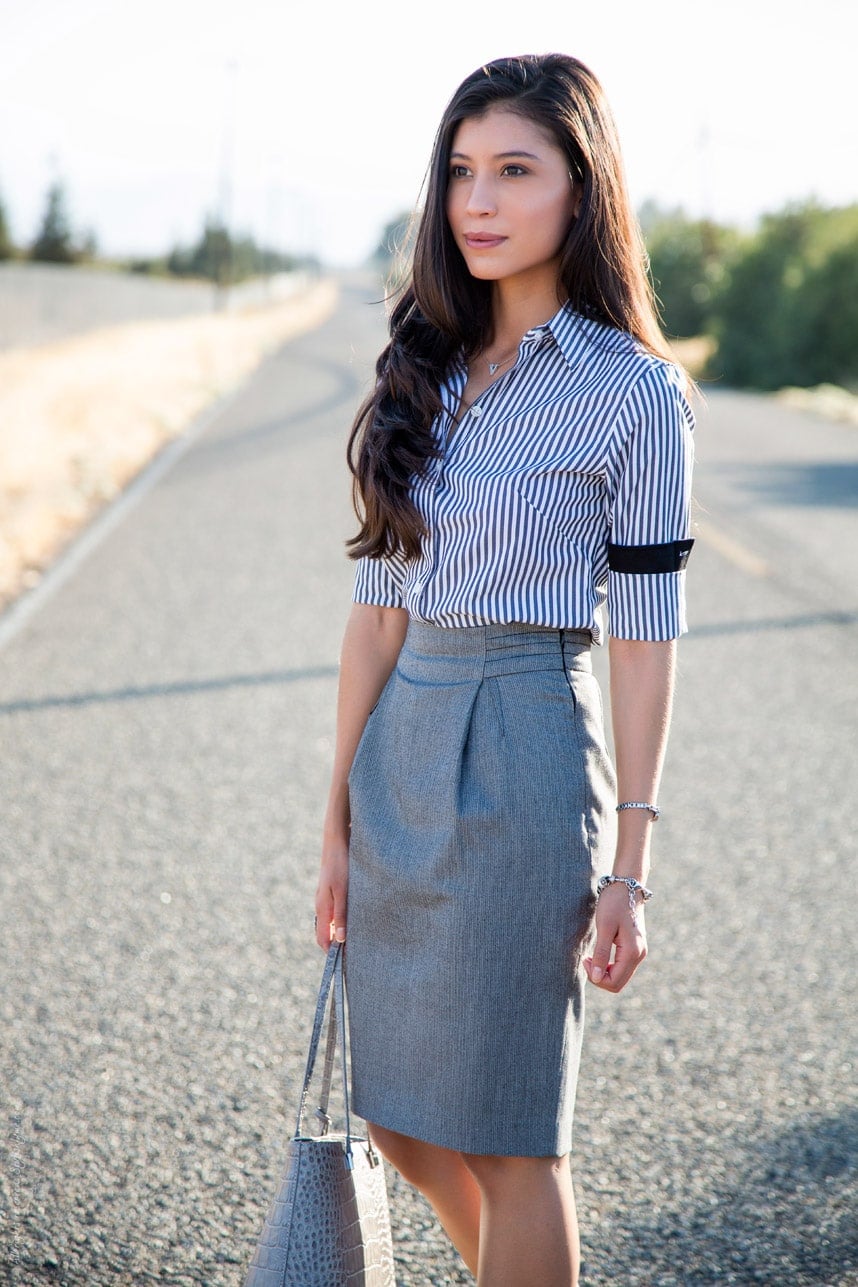 wearing a striped button-down with a pencil skirt - Visit Stylishlyme.com for more outfit inspiration and style tips