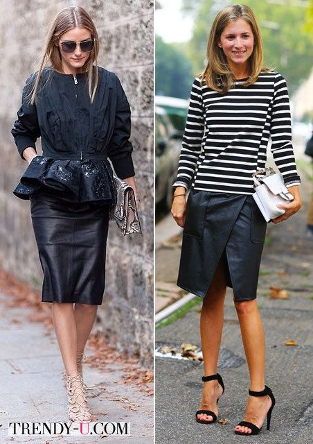 Оливия Палермо и неизвестная уличная модница, обе в кожаных юбках