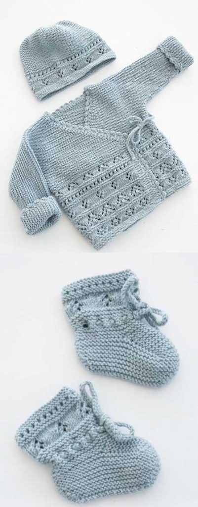 Free baby knitting pattern set including a lace cardigan and booties.